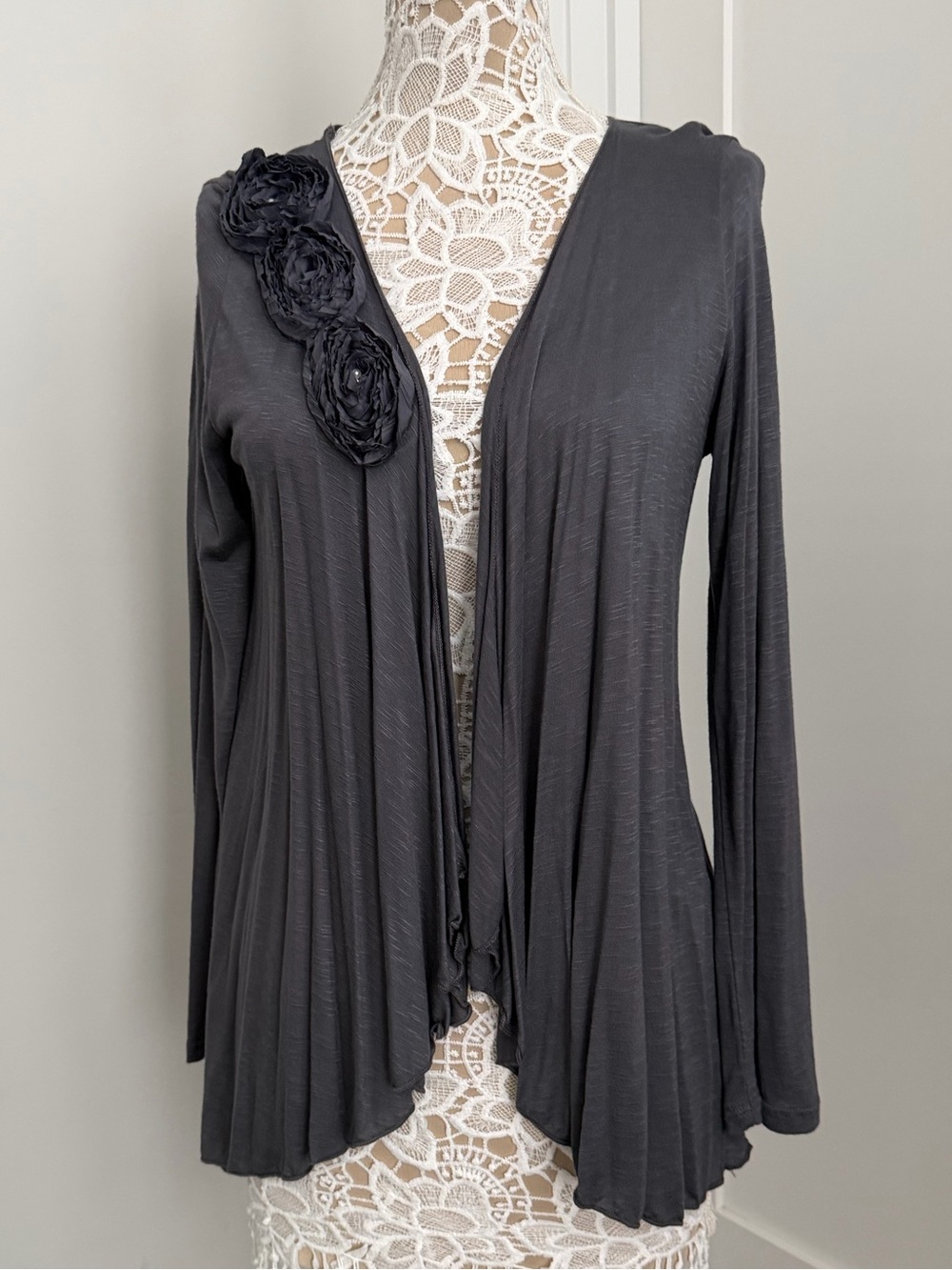 Women’s Charcoal Open-Front Cardigan with Floral Accent